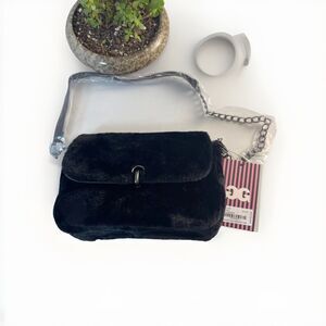 Gilda Paris Women's Black Faux Fur Crossbody Bag Vegan Leather Chain Strap NWT